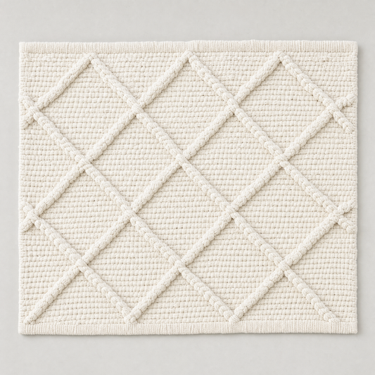 Deep Diamond Mat in milk white: a hand-woven cotton bath mat with a deep knotted diamond lattice in relief