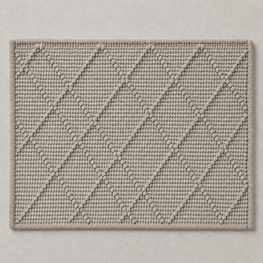 Diamond Mat in stone grey: a hand-woven cotton bath mat with a close knotted diamond weave