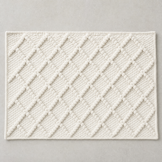 Diamond Mat in warm white: a hand-woven cotton bath mat with a close knotted diamond weave